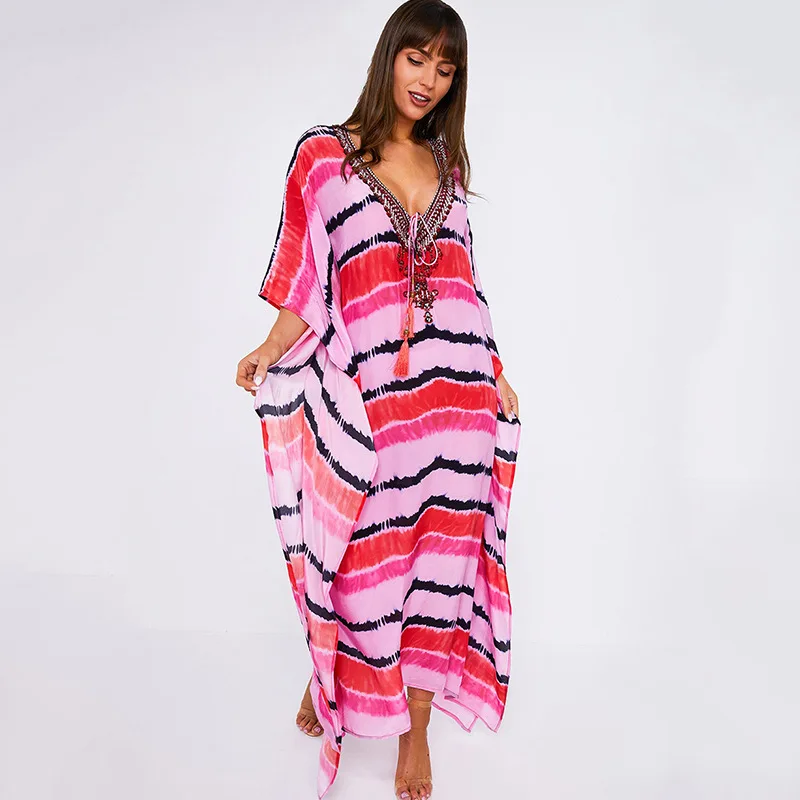 

Fashion Pink Rose Red Yellow Strip Long Skirt Beach Smock Seaside Vacation Robe Bikini Swimsuit Sunscreen for Female Gift