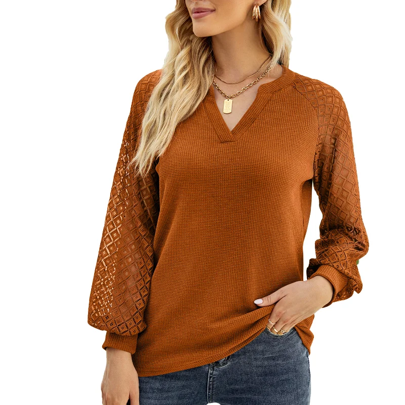 Women's Waffle Lace Patchwork V-neck Long-sleeved T-shirt