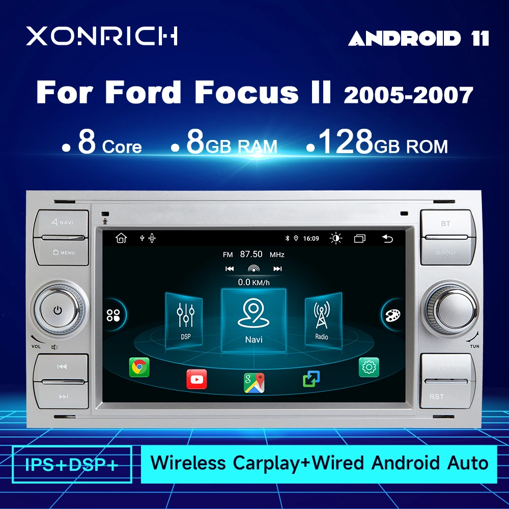 

Автомобильный мультимедийный плеер 8 + 128 ГБ Android 12 для Ford Focus 2 Ford Fiesta Mondeo 4 C-max S-Max Fusion Transit Kuga, беспроводной Carplay
