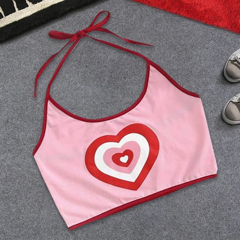 

Summer New Pink Love Heart Print Slim Tight Spaghetti Strap Halter Backless Camis Crop Tops Fashion Ladies Short Camis Tee