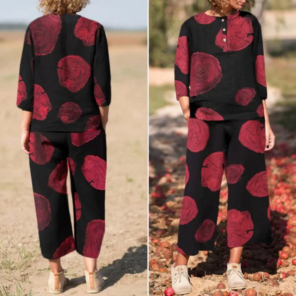 

2 Pcs/Set Women Pants Set O Neck Pullover Long Pants Loose Leisure Half Sleeve Deep Crotch Print Summer Top Trousers Set