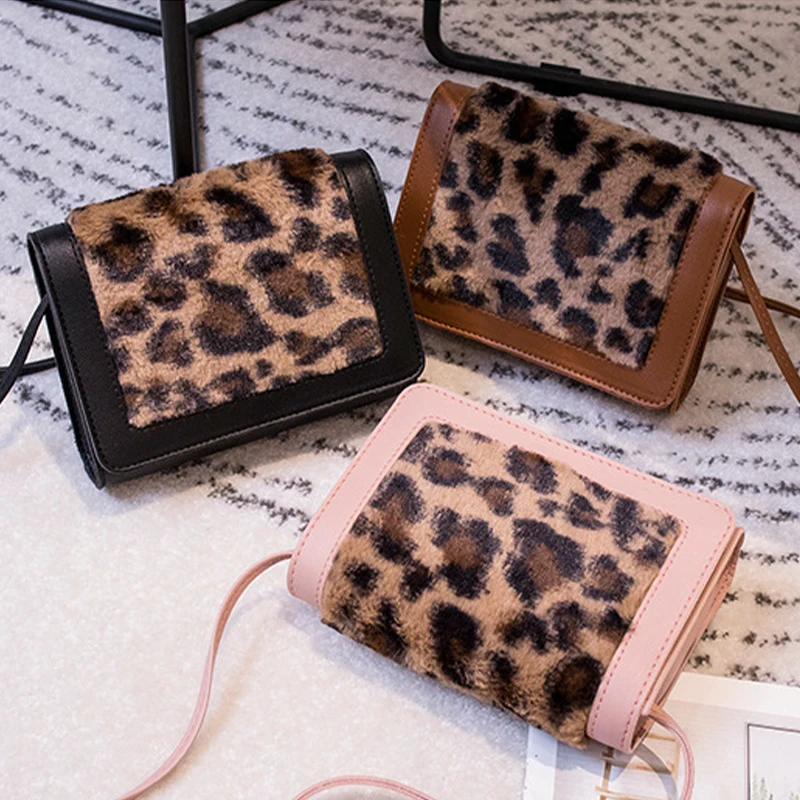 

Women Leather Plush Splice Shoulder Bags Leopard Patchwork Crossbody Messenger Bag Hasp Small Square Bag Fashion Female Handbag