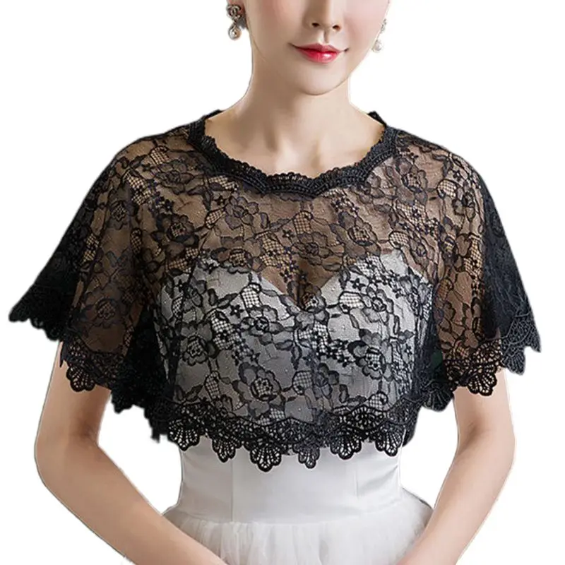 

X7YC Women Embroidery Floral Lace Cape Wrap Wedding Bridal Perspective Pullover Shawl Shrug Shoulder Covers Prom Bolero