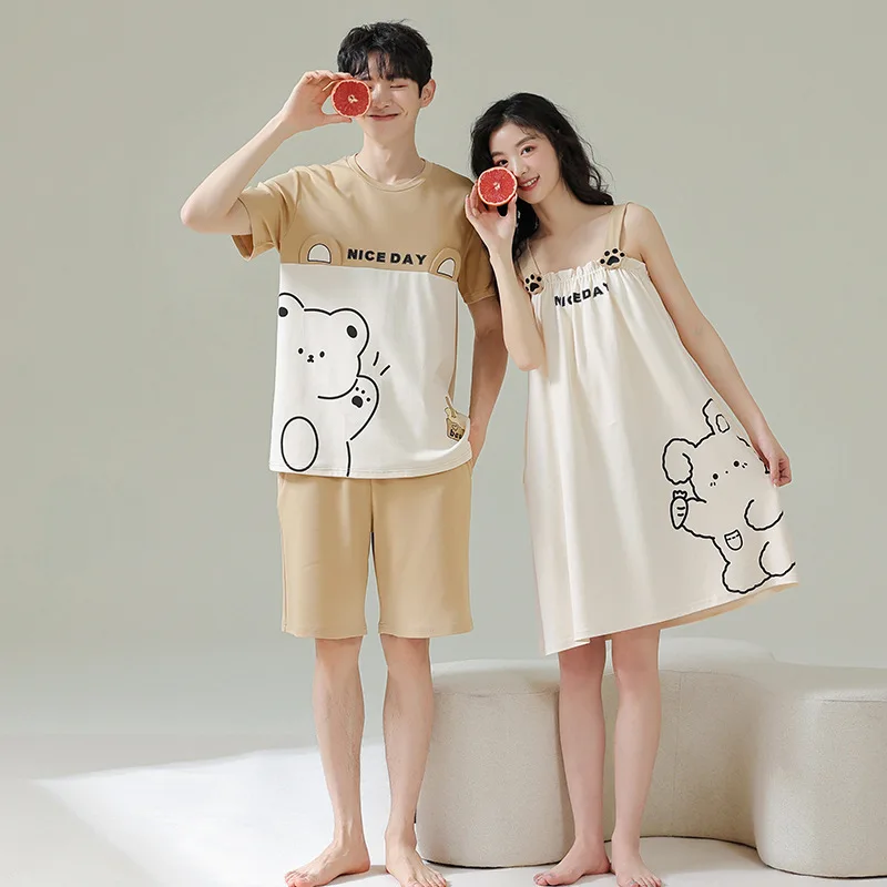 2023 New Summer Pajamas Couple Matching Pure Cotton Suit Cute Bear Sling Nightdress Home Service Soft and Comfortable Sleepwear