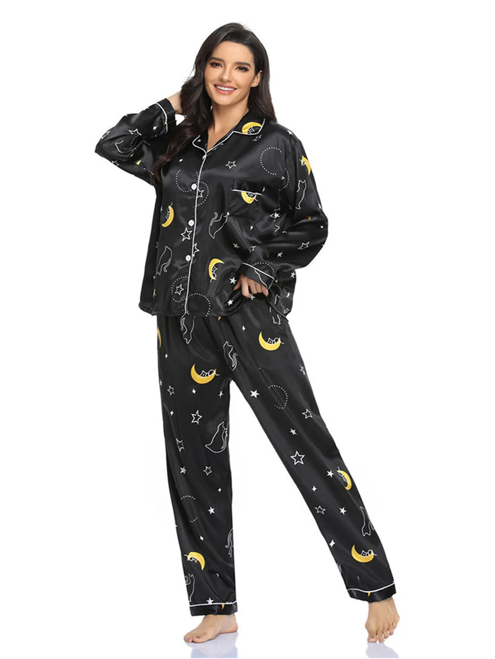 

Женский пижамный комплект из 2 предметов, одежда для сна с принтом пятен, звезд, длинным рукавом и брюки на пуговицах, домашняя одежда для отд...