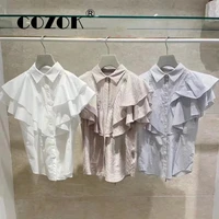 cozok japanese new fashion tops sweet layring ruffled sleeveless shirts lapel button back drawstring slim waist blouses