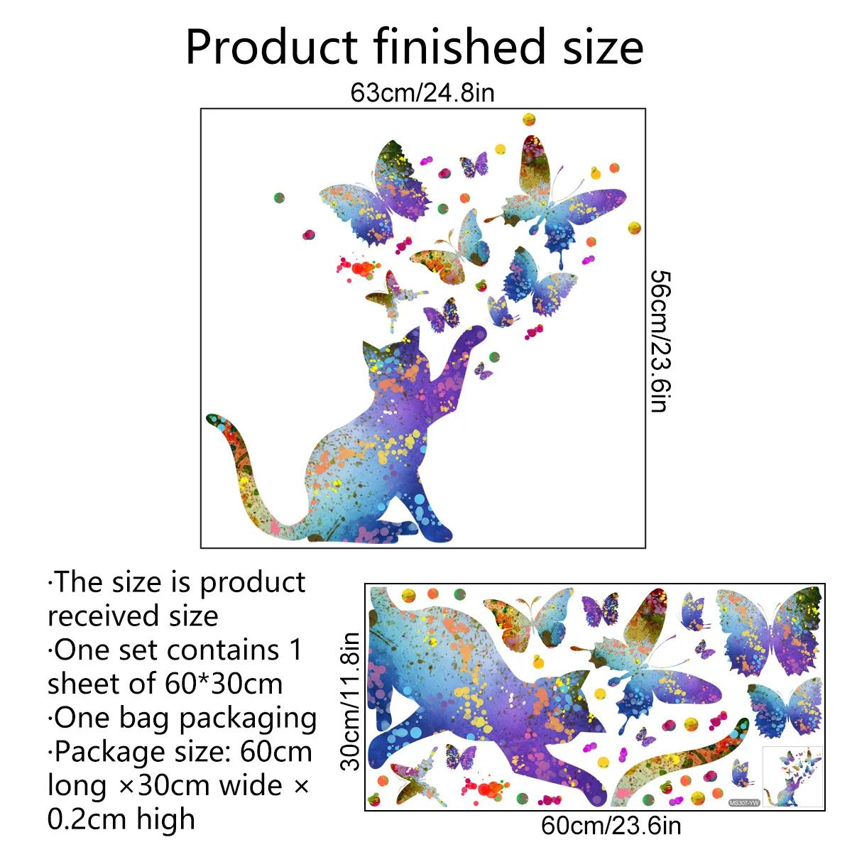 Наклейка на стену "Цветные котенок и бабочка" 30*60 см, смешная детская комната, декоративный элемент для жилой комнаты.