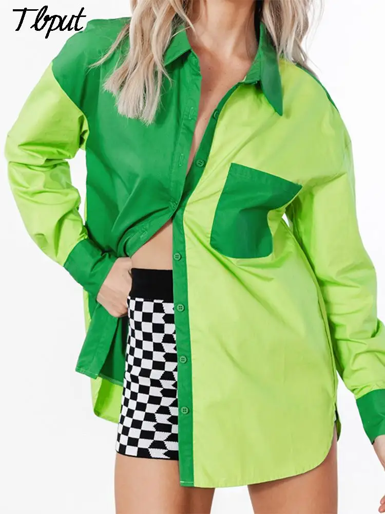 

Splicing And Contrasting Colors Shirt Fashion Single-Breasted Streetwear Blouses 2022 Summer Female Long Sleeve Wild Loose Top