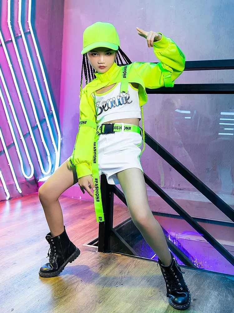

ZZL K-pop Clothes Fluorescent Green Performance Outfits Hip-hop Jazz Street Dance Costume Fashion Cool Kids Runway Performance