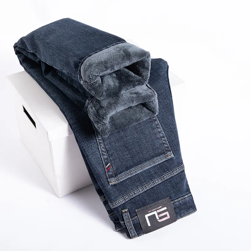 

2022 Winter High Quality Cotton Stretch Slim Straight Denim Jeans Fleece Thick Warm Men's Business Casual Jeans Gray