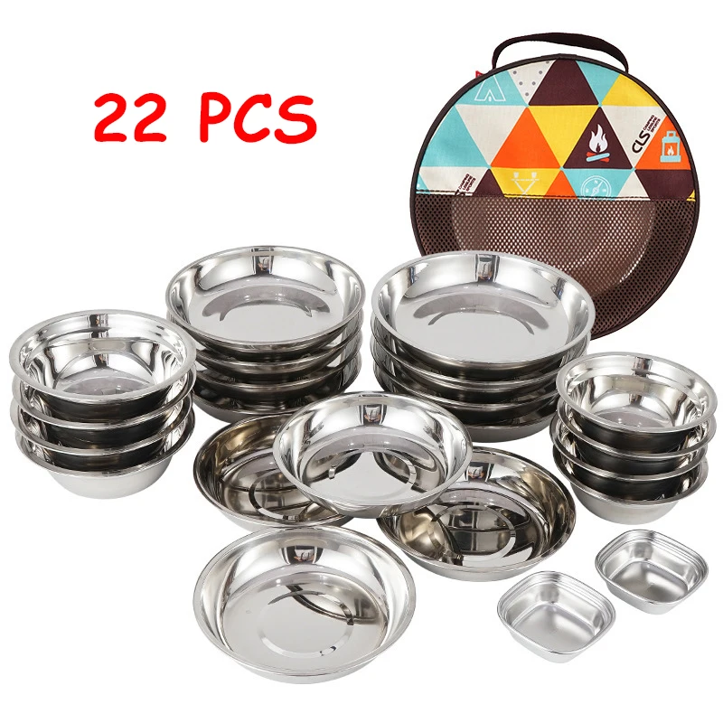 

17/22 Pcs Set Camping Stainless Steel Dinner Dish Plate Durable Outdoor Travel Picnic Tableware Salad Bowl Food Container