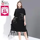 Женское черное прямое платье размера плюс в японском стиле, летнее платье средней длины с карманами и лентами, расшитое блестками, с кружевными карманами, 6148