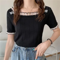new design sense short knitted tops 2021 female chic short sleeve lace square collar t shirts women thin summer tees solid color