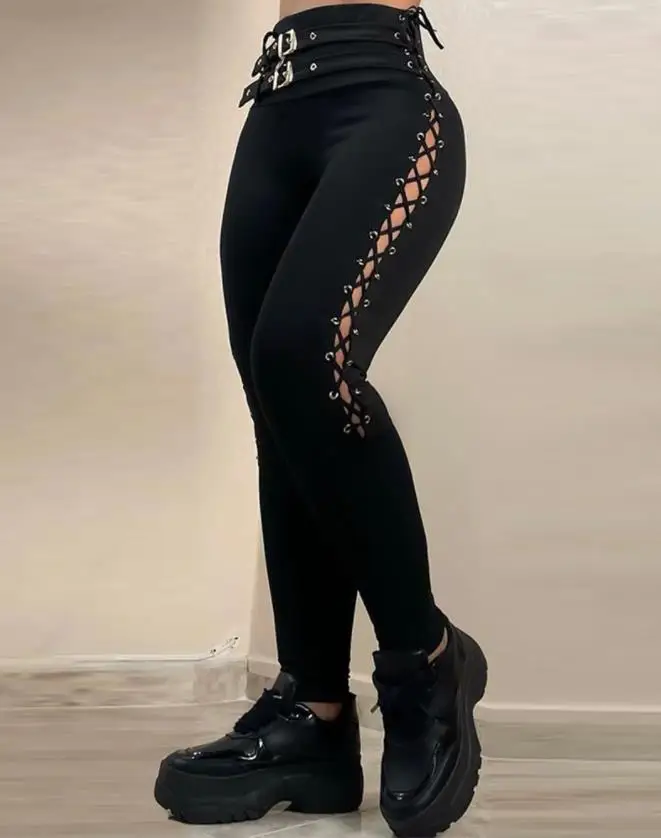 

Женские брюки 2022, летние модные облегающие Простые Длинные брюки с люверсами, завязками и высокой талией