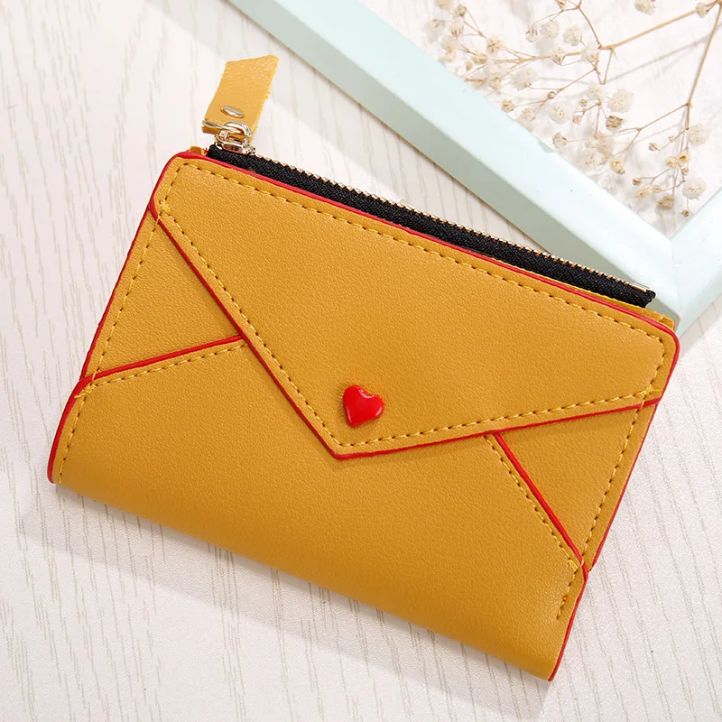 Womans Billfold Envelope Leather Zipper Wallet Small Red Heart Yellow Coin Purse Business Card Holder Clutches Kошилек конверт