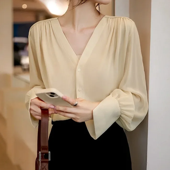 Элегантная женская рубашка с v-образным вырезом двухслойный шелк легкий материал