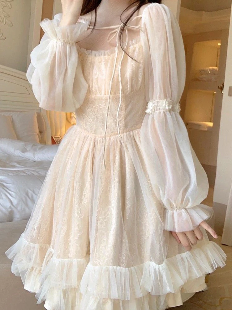 

Женское короткое платье с длинным рукавом, Элегантное повседневное плиссированное платье принцессы в стиле "Лолита" с квадратным вырезом, весна-лето