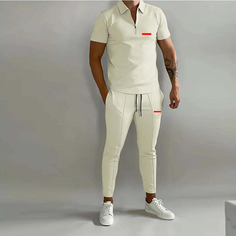 New solid color men's suit sports summer casual short sleeved Polo shirt calf trousers & men's street wear men's sports suit 2 p