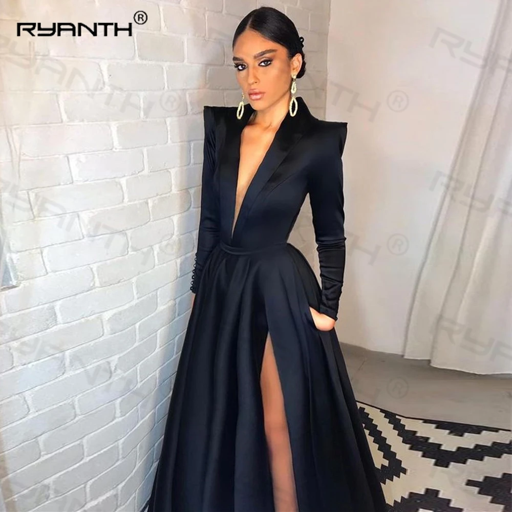 

Black Simple Long A-Line Evening Dresses For Women V-neck Long Sleeves Side Split Formal Prom Dress Arabic Dubai Party Gown