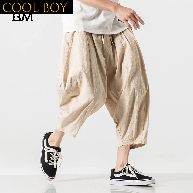 J BOYS Boutique Summer Japanese Streetwear Linen Harem Pants Men Fashion Casual Cropped Pants Harajuku Thin Loose Radish Pants S