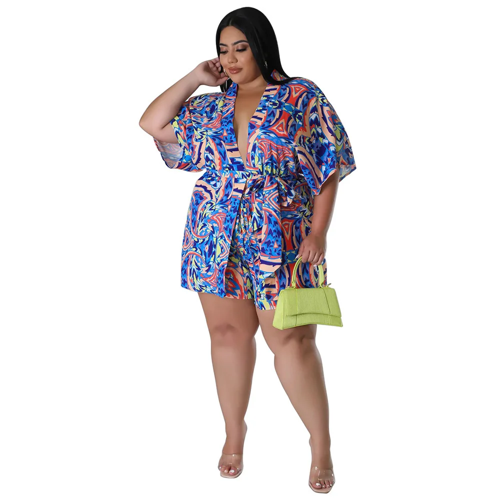 Plus Size Big Size Summer Holidays Woman Two Pieces Set Multicolored Printing Long Sleeves Shirt Sash Fashion 3xl 4xl 5xl 6xl