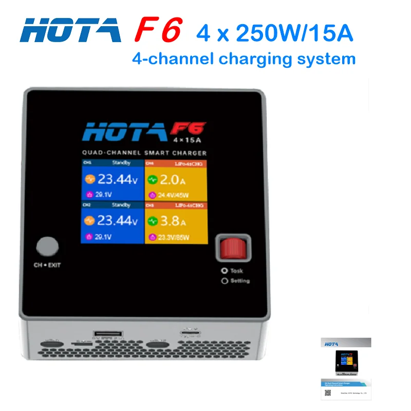 

HOTA F6 4-Channel Smart Charger DC1000W 4*15A for Lipo LiIon NiMH Lipo Remote Control Model Balance Charger USB Type-C