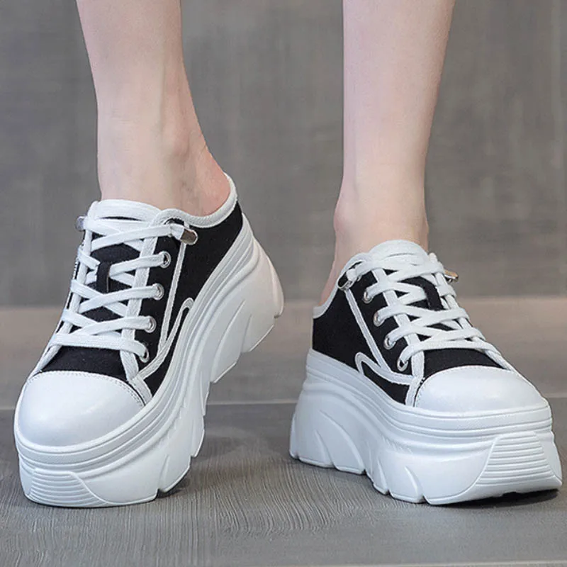 2023 New 9cm Canvas Genuine Leather Women Summer Shoes Wedge Sneakers Platform Slippers Shoes Slip on Sandals Slideds High Heel
