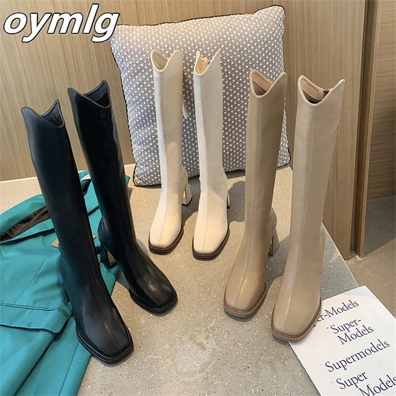 High boots women's 2022 winter new thick heels, middle heels, but knee high boots, rear zipper, thin boots, fashion single boots