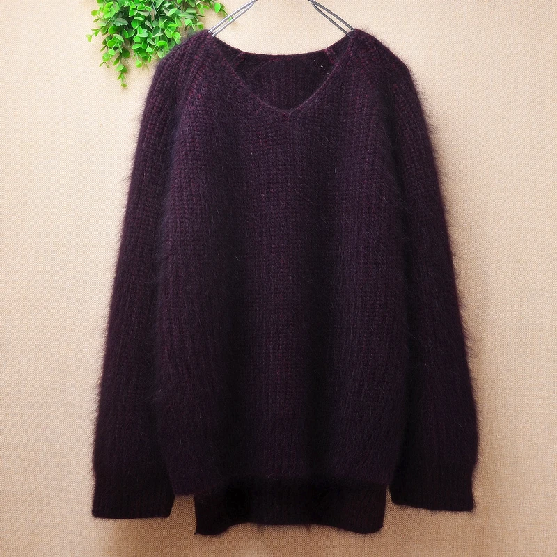 

Female Women Fall Winter Clothing Thick Warm Hairy Angora Rabbit Hair Knitted Split V-Neck Loose Pullover Jumper Sweater Pull