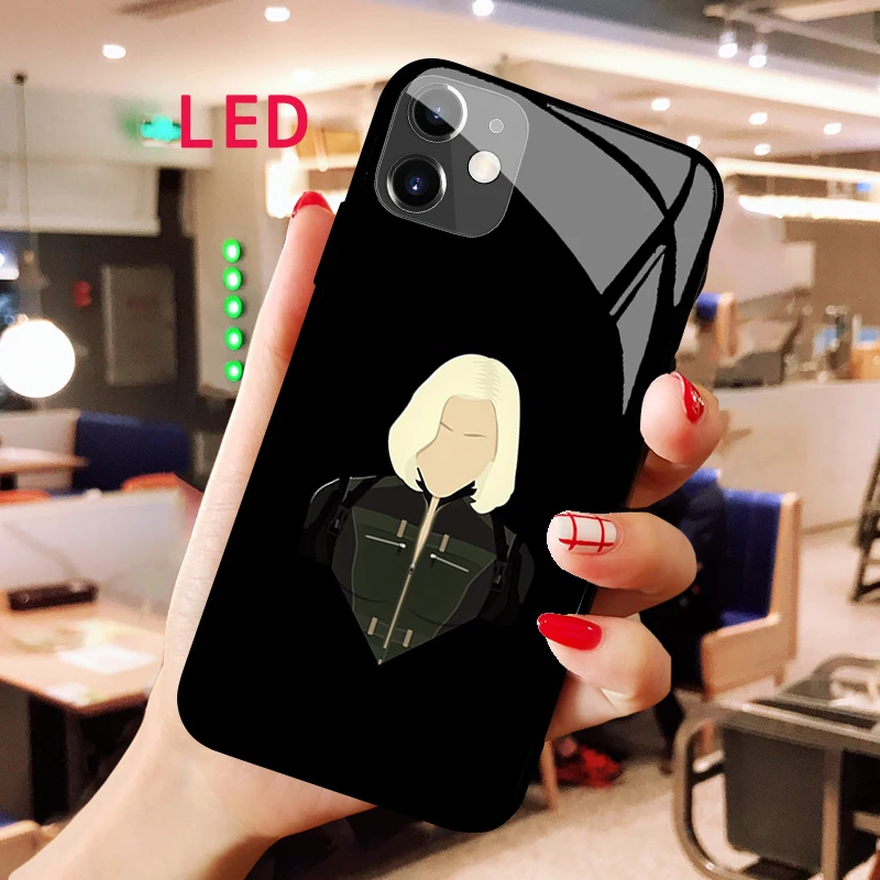 

Black Widow Luminous Tempered Glass phone case For Apple iphone 12 11 Pro Max XS mini Acoustic Control Protect Backlight cover