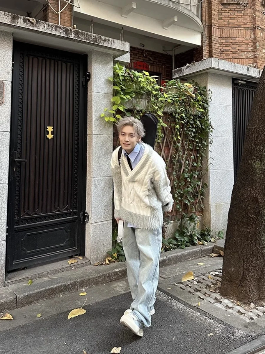 American vintage Mink Velvet Sweater Men's and Women's Autumn Idle Sle High Sense Knit V-neck Mohair Outerwear Tide