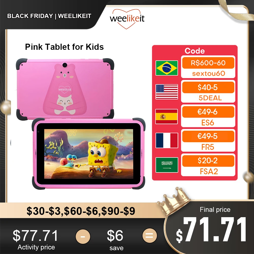 

weelikeit Children Tablet 8'' Android 11 1280x800 IPS Tablet for Kids 2GB 32GB Quad Core With Kid APP Google Play 4500mAh Wifi6