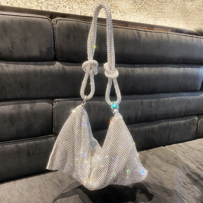 

Handle Rhinestones Evening Clutch Bag silver Shiny Crystal Dinner Party Wedding Purses and Handbag Luxury Designer Shoulder Bag