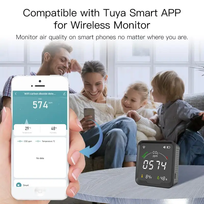 

Датчик CO2 Tuya 3 в 1, умный измеритель углекислого газа, Wi-Fi, с ЖК-экраном