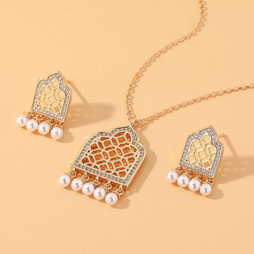 

Women Fashion 2 Pcs Necklace & Earring Dubai Arabian style Zircon Pearl Hollow Out Luxury Style Wedding Praty Jewelry Set