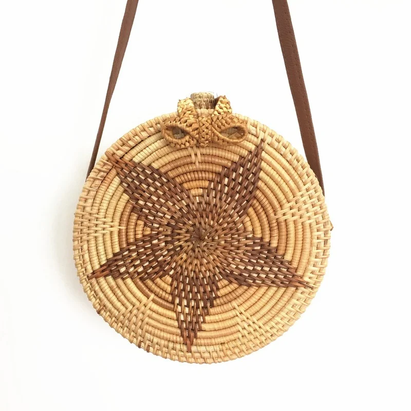 

Fashion Bow Rattan Round Female Crossbody Bag Designer Black Pentagram Beach Shoulder Bag Bohemian Women's Bag Shopper Purse