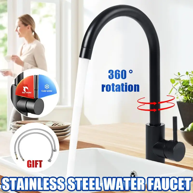 

Kitchen Faucet 360 Rotation Stainless Steel Kitchen Sink Water Tap Hot Cold Water Deck Mount Mixing Sink Home Shower Black
