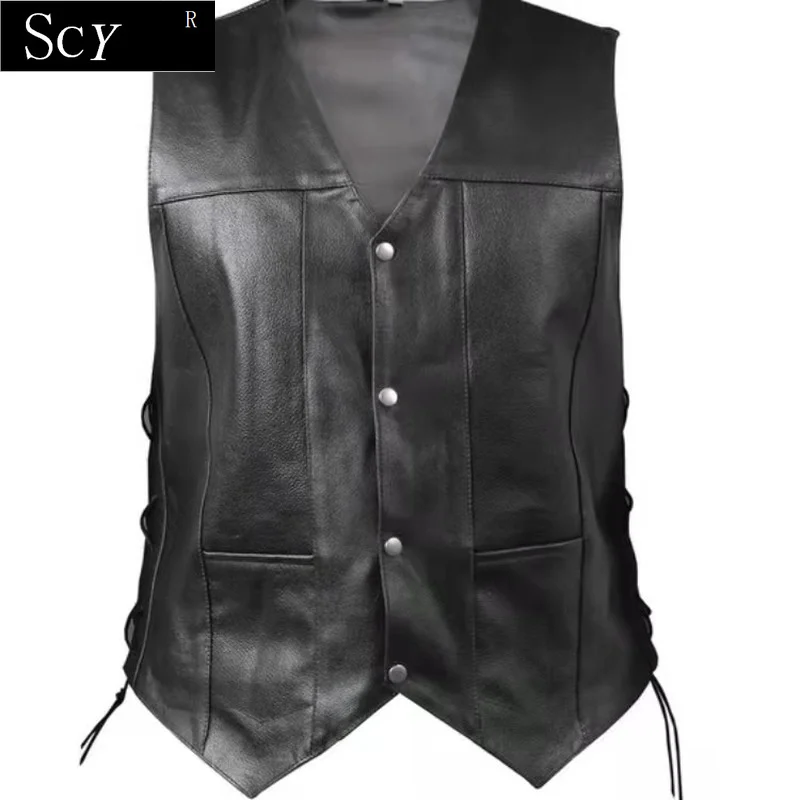 

Men Side Lace Denim Style Biker Motorcycle Leather Vest Gun Pockets