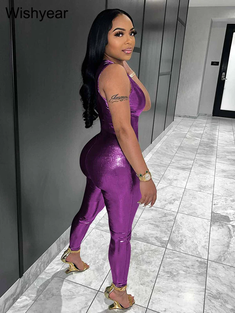 Wishyear Sexy Metallic One Shoulder Sleeveless Overalls for Women Summer Bodycon Romper Jumpsuit Night Club Rave Party Outfit