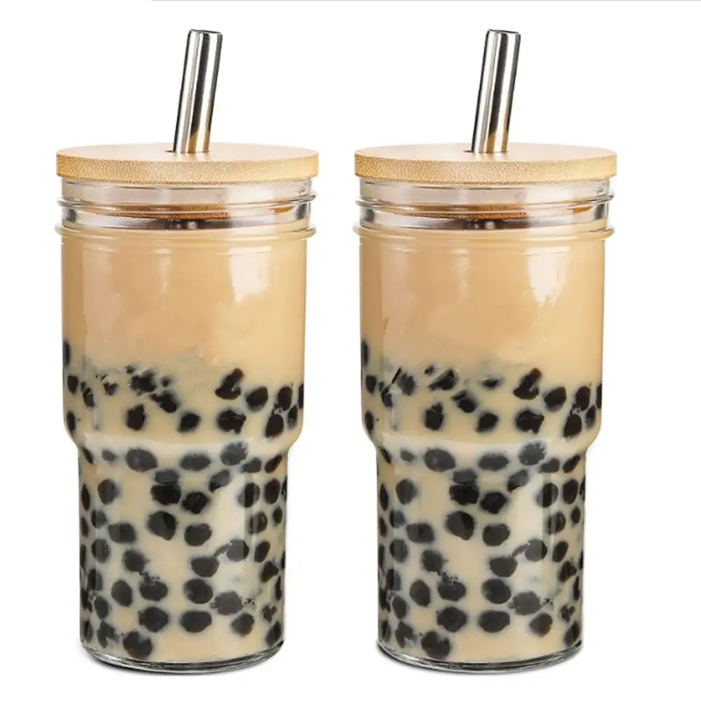 Стаканы для холодного кофе на 700 мл с крышками и стандартными банкими. Соломинки