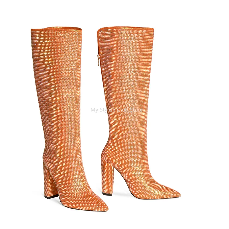 Женские сапоги со стразами обувь на толстом квадратном каблуке 11 см Прямые до
