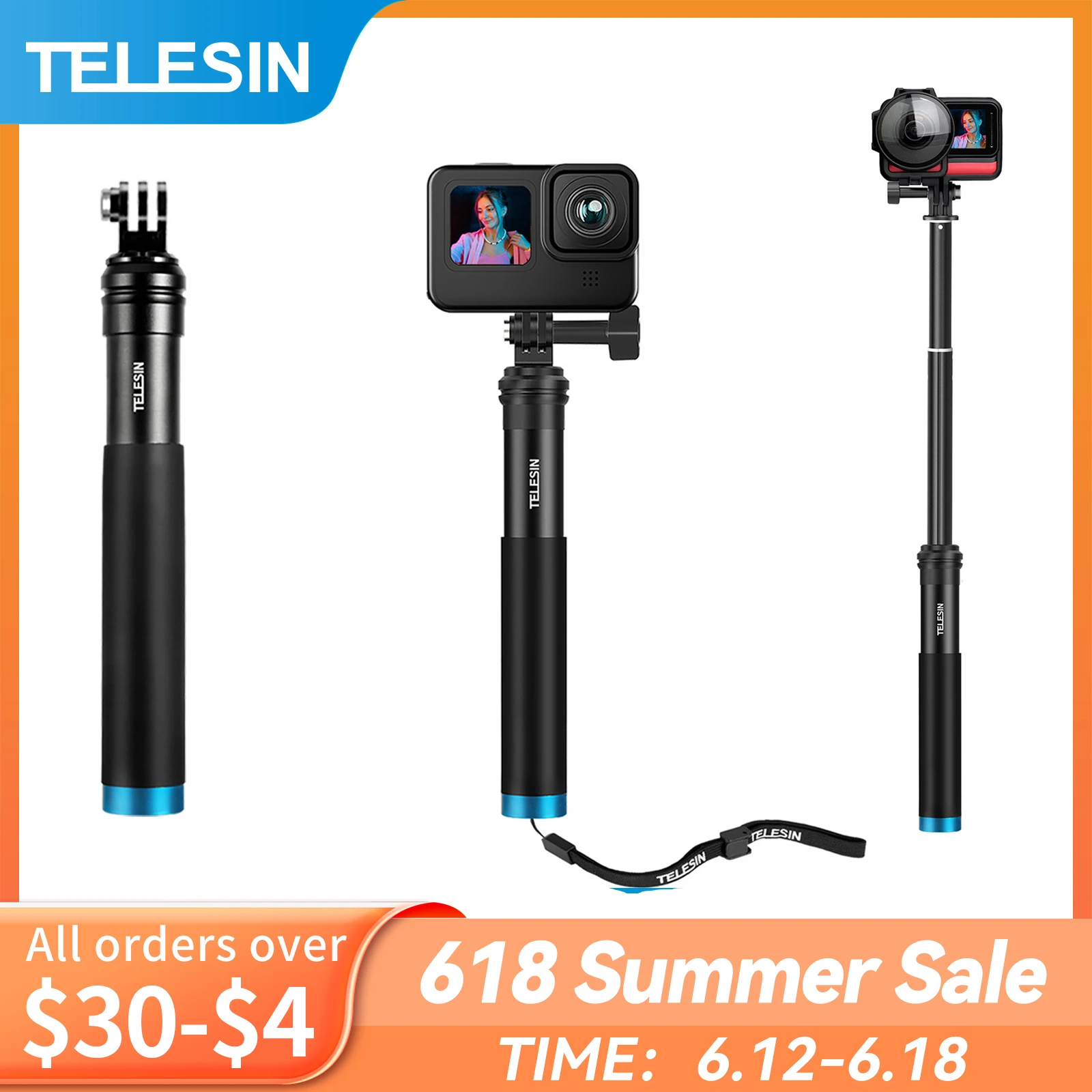 TELESIN Aluminum Alloy Extendable Handheld Selfie Stick Telescoping Pole for GoPro Hero 11 10 9 8 7 6 5 Insta360 Osmo Action