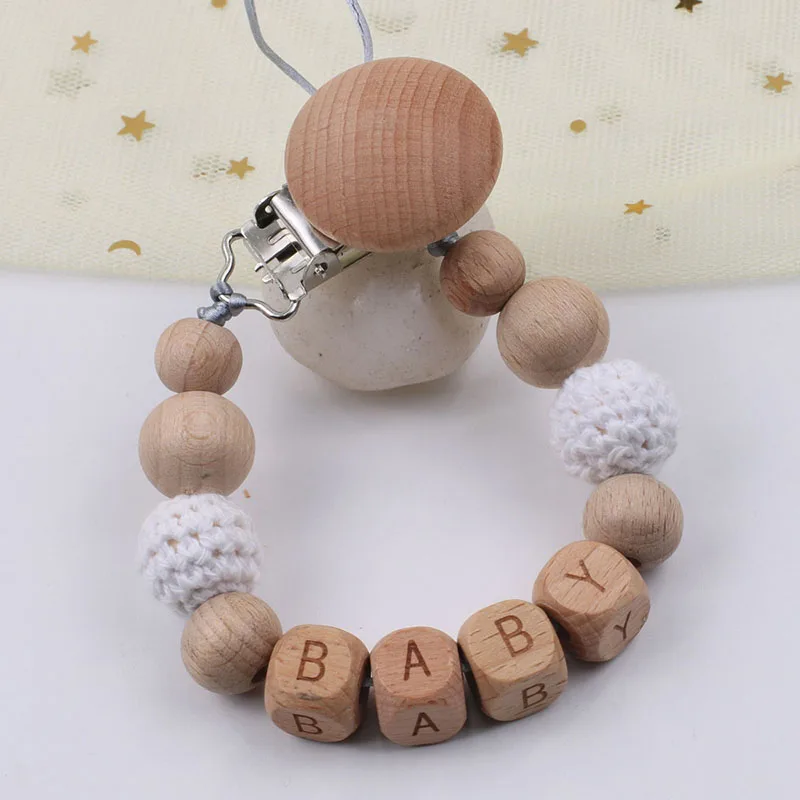 

Personalised Name Beech Wood Pacifier Clips Chain Handmade Crochet Beads Teething Chain Baby Teether Dummy Clips Holder