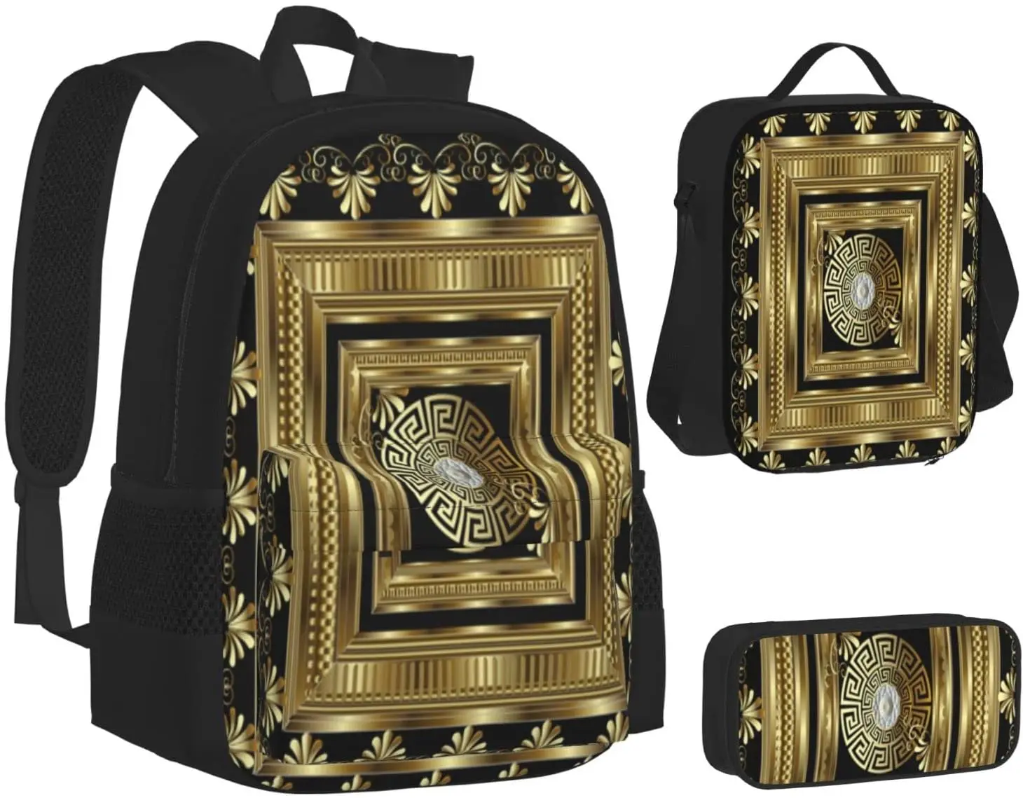 Luxury Gold  Geometric Greek Key Table Schoolbag Travel Bag Casual Daypack Lunch Bag Pencil Case for Boys Teens Girls 3pcs Sets