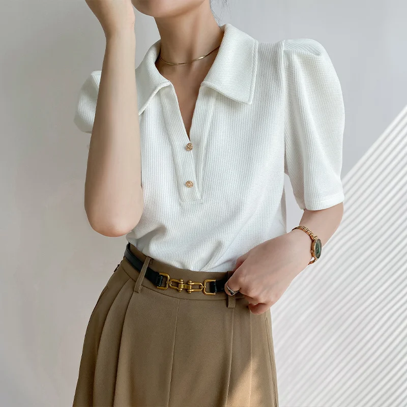 

Женская футболка с пышными рукавами, однотонная летняя рубашка с отложным воротником, топы с коротким рукавом, блузки, Повседневная офисная футболка, T814, 2023