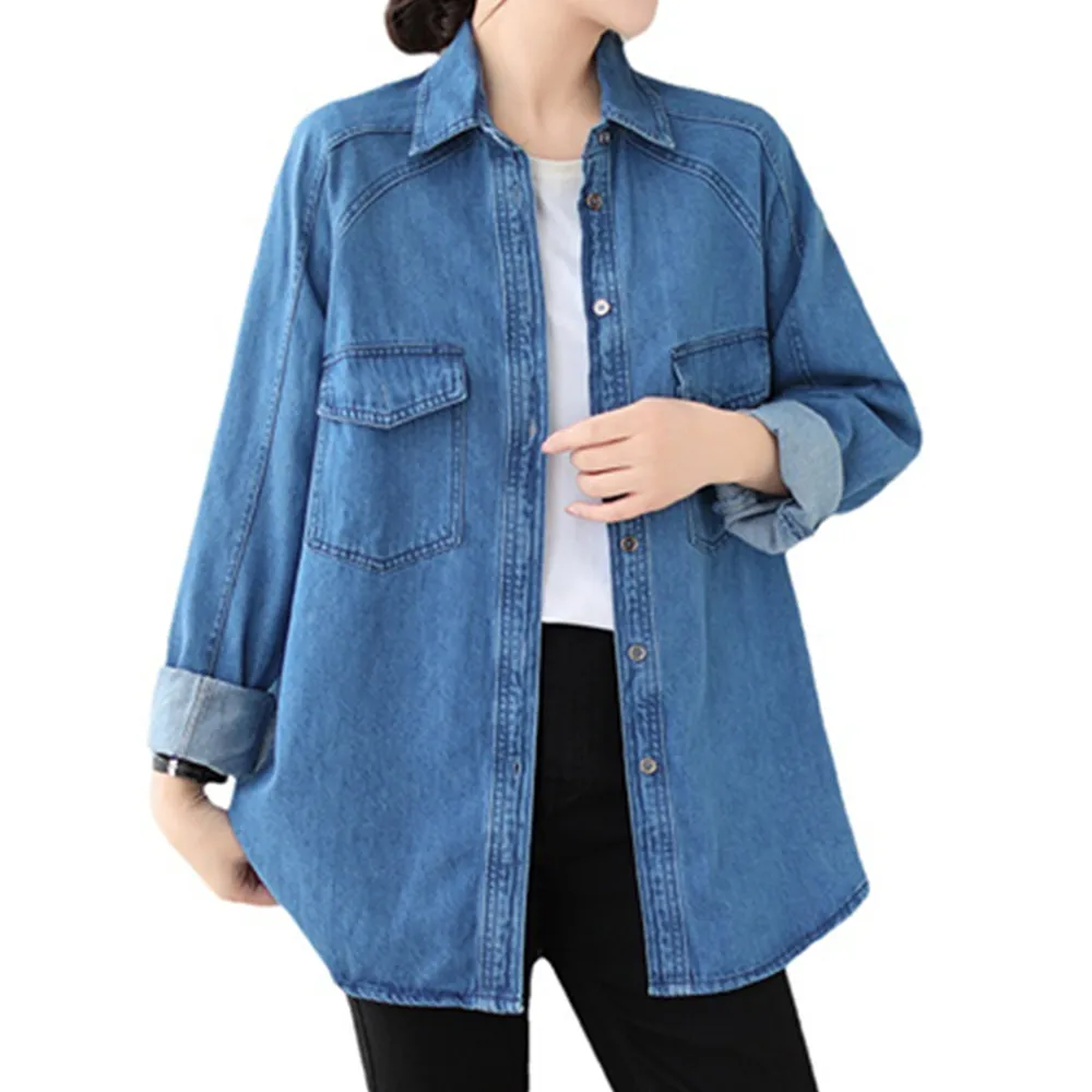 

Vintage Pocket Denim Shirt Women 2023 Autumn Lapel Collar Jean Blouses Single Breasted Casual Blue Tops Korean Streetwear