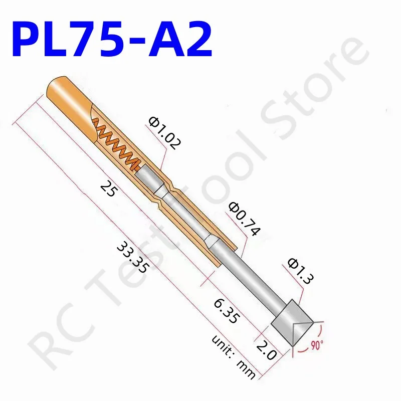 

100PCS PL75-A2 Spring Test Probe Test Pin Pogo Pin PL75-A For Testing Circuit Board Length 33.35mm Dia 1.02mm Head Dia 1.30mm