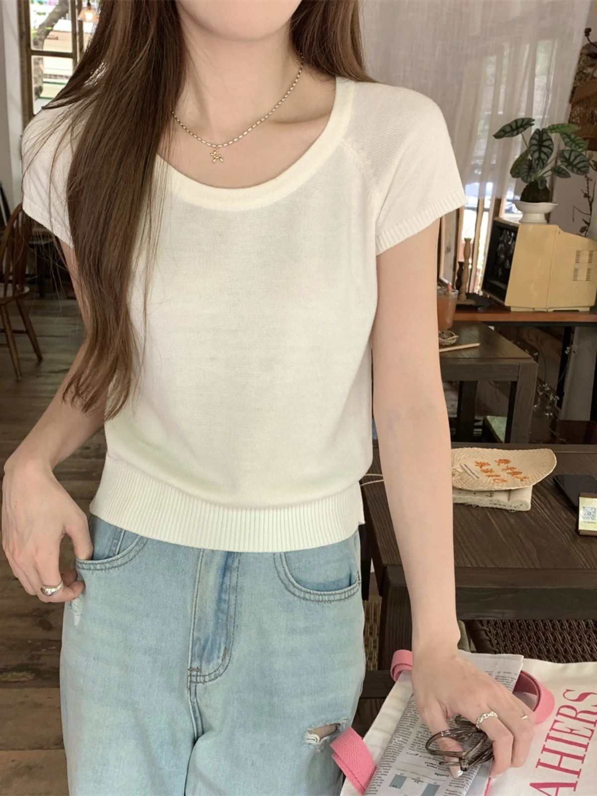 Французский sle элегантный реглан с круглым вырезом из ледяного шелка вязаный