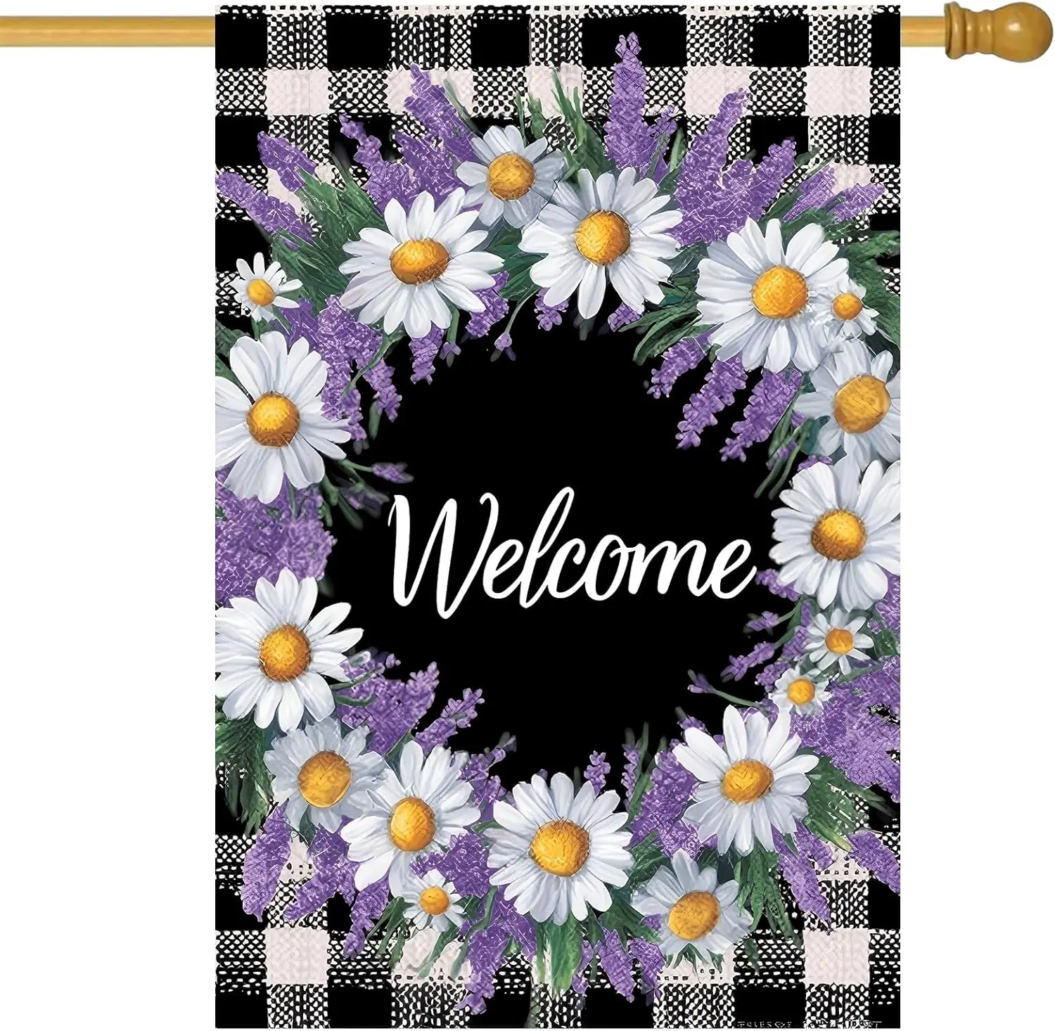 Фото Флаг для дома Lavender Daisy, 28 x 40 дюймов, двусторонний садовый флаг с клетчатым узором «Буффало» и текстом «Добро пожаловать» для весны и лета, для улицы, PPM №1