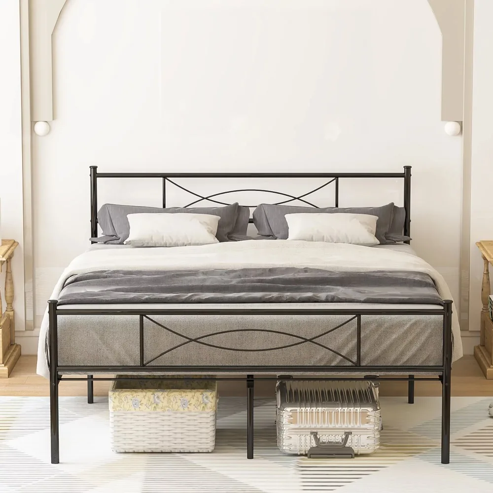 

Full Size Metal Bed Frame Bedroom Mattress Platform Foundation With Headboard Wallet Black Base and Frames for Beds Card Queen